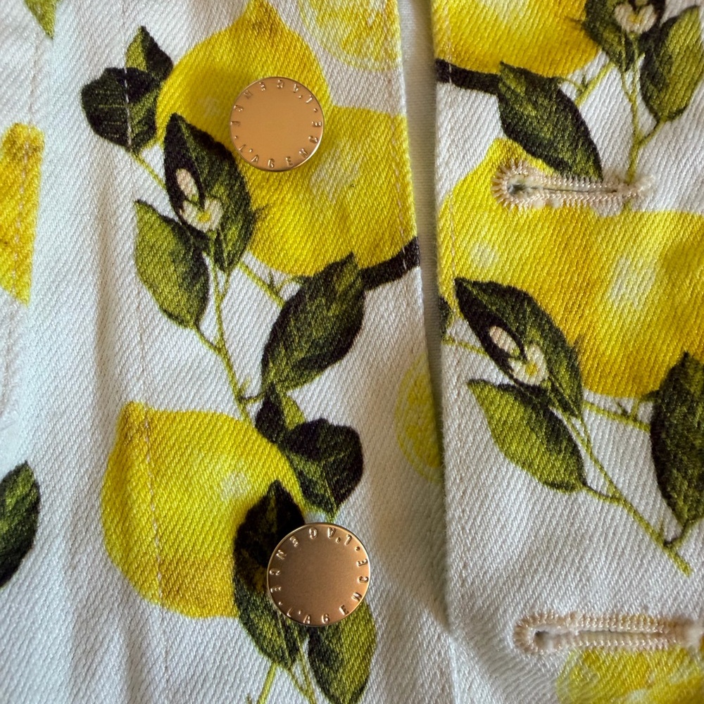 L’Agence Celine Lemon Print Denim Jacket Ivory Made in USA Yellow Size Medium - Picture 4 of 7